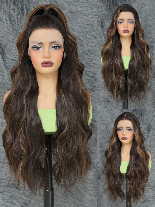 Peruca Sintética de Frente de Renda 13*4*1 T Part Peruca Frontal de Renda Sintética Pré-Desfiada Com Cabelo Longo Ondulado Para Mulheres 28 Polegadas, Perucas Amigas de Iniciantes Com Frente de Renda Transparente Onda Corporal Degradê Loiro