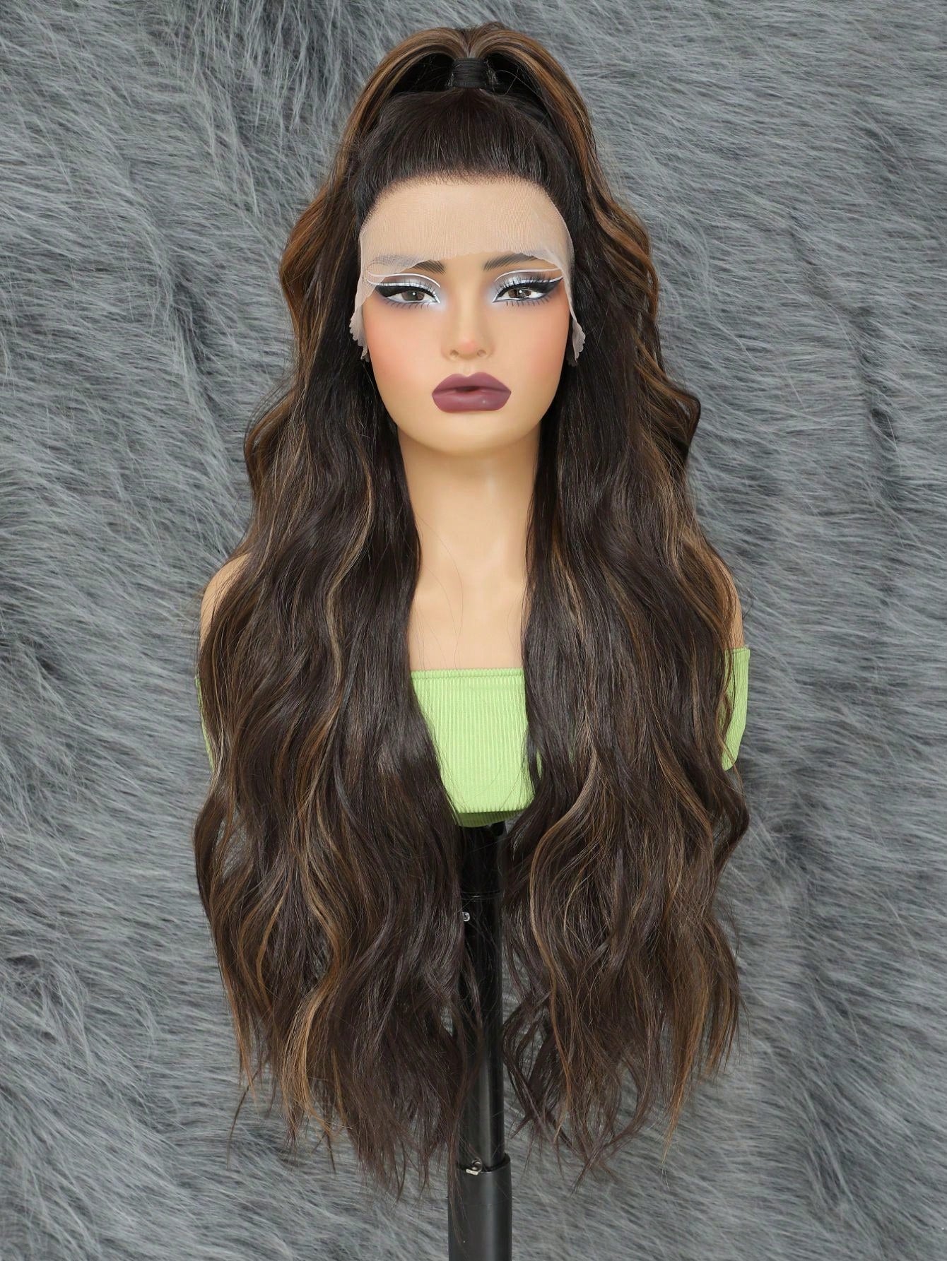 Peruca Sintética de Frente de Renda 13*4*1 T Part Peruca Frontal de Renda Sintética Pré-Desfiada Com Cabelo Longo Ondulado Para Mulheres 28 Polegadas, Perucas Amigas de Iniciantes Com Frente de Renda Transparente Onda Corporal Degradê Loiro