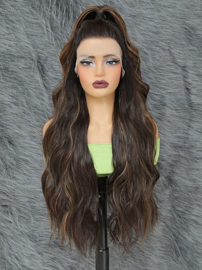 Peruca Sintética de Frente de Renda 13*4*1 T Part Peruca Frontal de Renda Sintética Pré-Desfiada Com Cabelo Longo Ondulado Para Mulheres 28 Polegadas, Perucas Amigas de Iniciantes Com Frente de Renda Transparente Onda Corporal Degradê Loiro