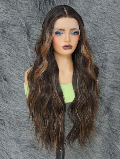 Peruca Sintética de Frente de Renda 13*4*1 T Part Peruca Frontal de Renda Sintética Pré-Desfiada Com Cabelo Longo Ondulado Para Mulheres 28 Polegadas, Perucas Amigas de Iniciantes Com Frente de Renda Transparente Onda Corporal Degradê Loiro