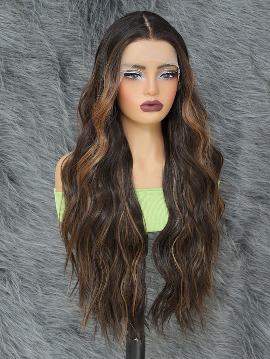 Peruca Sintética de Frente de Renda 13*4*1 T Part Peruca Frontal de Renda Sintética Pré-Desfiada Com Cabelo Longo Ondulado Para Mulheres 28 Polegadas, Perucas Amigas de Iniciantes Com Frente de Renda Transparente Onda Corporal Degradê Loiro