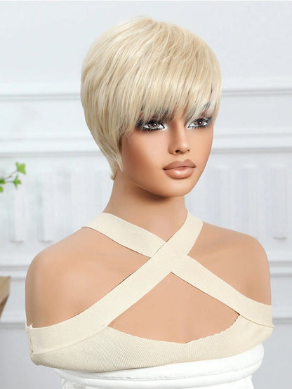 Peruca de Alta Qualidade e Confortável de 8 Polegadas Loira de Textura Natural Reta Curta com Franja, Peruca Sintética Resistente ao Calor para Mulheres e Meninas, para Uso Diário, Festa, Cosplay e Moda
