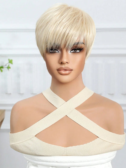 Peruca de Alta Qualidade e Confortável de 8 Polegadas Loira de Textura Natural Reta Curta com Franja, Peruca Sintética Resistente ao Calor para Mulheres e Meninas, para Uso Diário, Festa, Cosplay e Moda