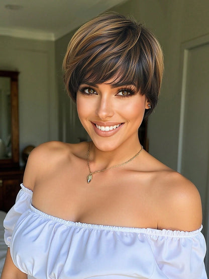 Peruca de Alta Qualidade e Confortável de 8 Polegadas Loira de Textura Natural Reta Curta com Franja, Peruca Sintética Resistente ao Calor para Mulheres e Meninas, para Uso Diário, Festa, Cosplay e Moda